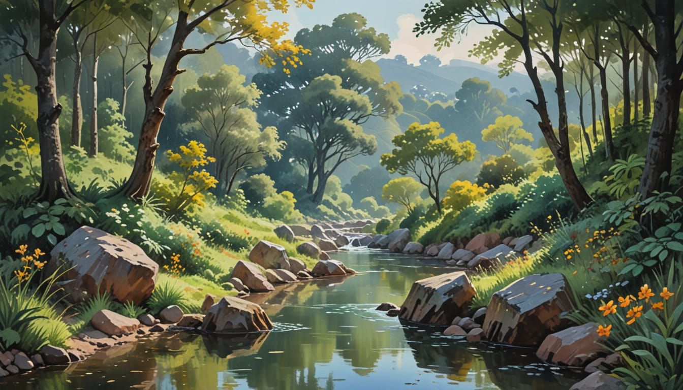 Serene Autumn Stream with Miniature Waterfall in Gouache