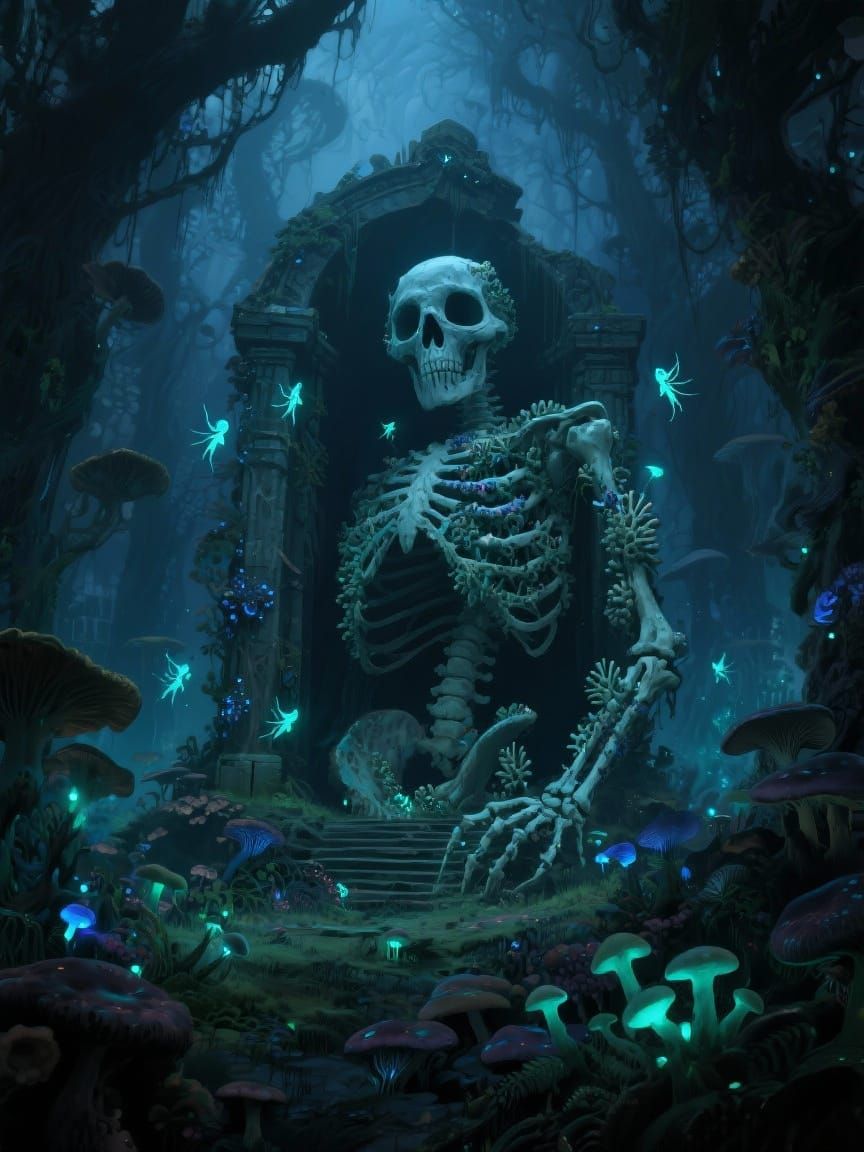 Bioluminescent Fungal Forest With Skeletal Guardian