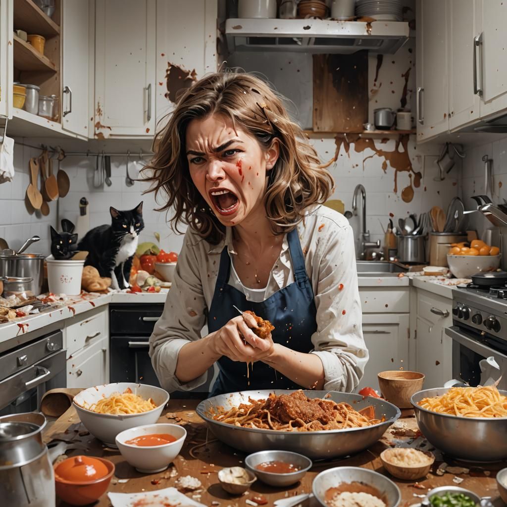 Angry Woman in Messy Kitchen, Digital Illustration