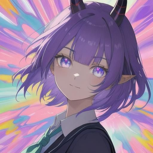 Anime Schoolgirl with Purple Hair and Horns