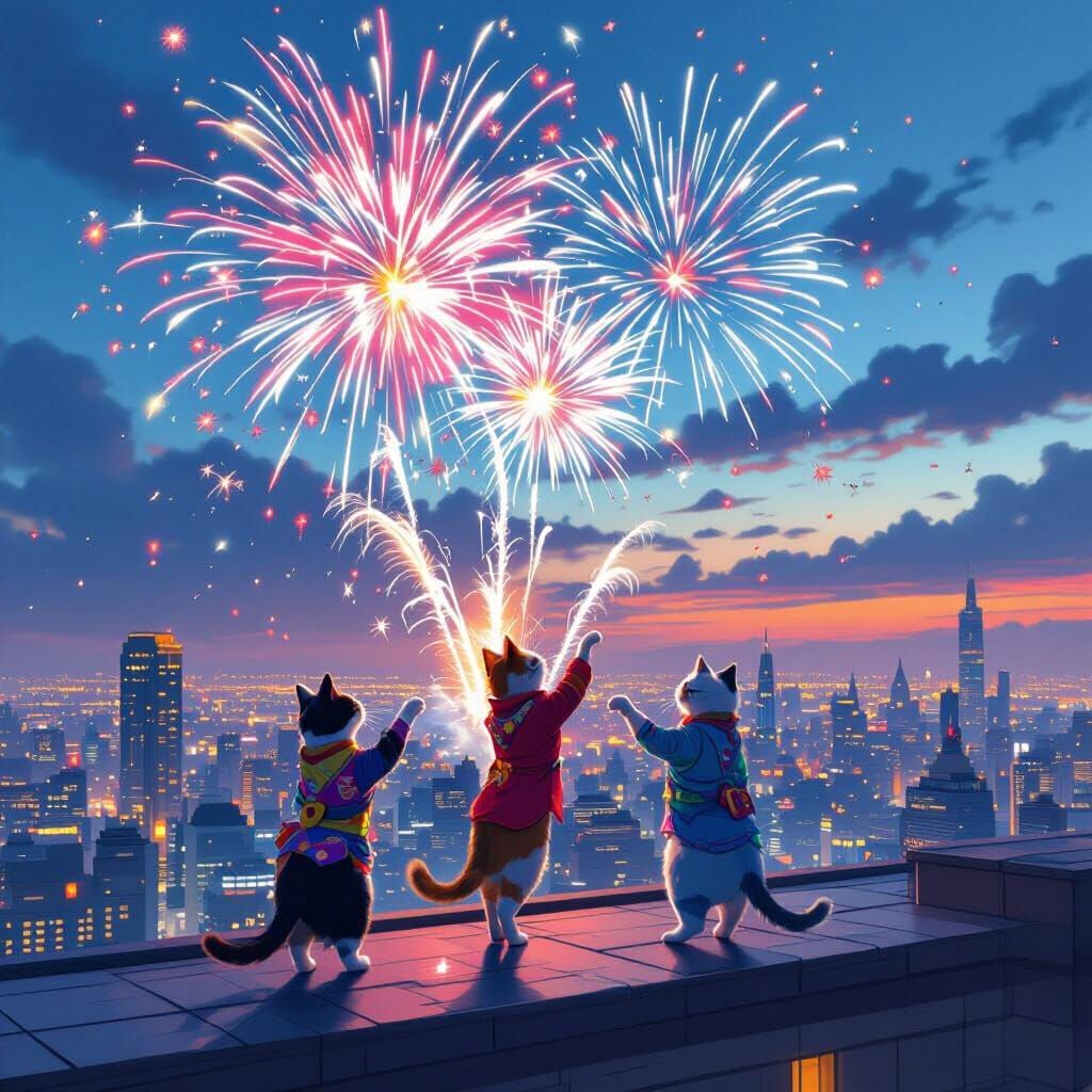 Cats Dancing Under City Fireworks, Futuristic Style