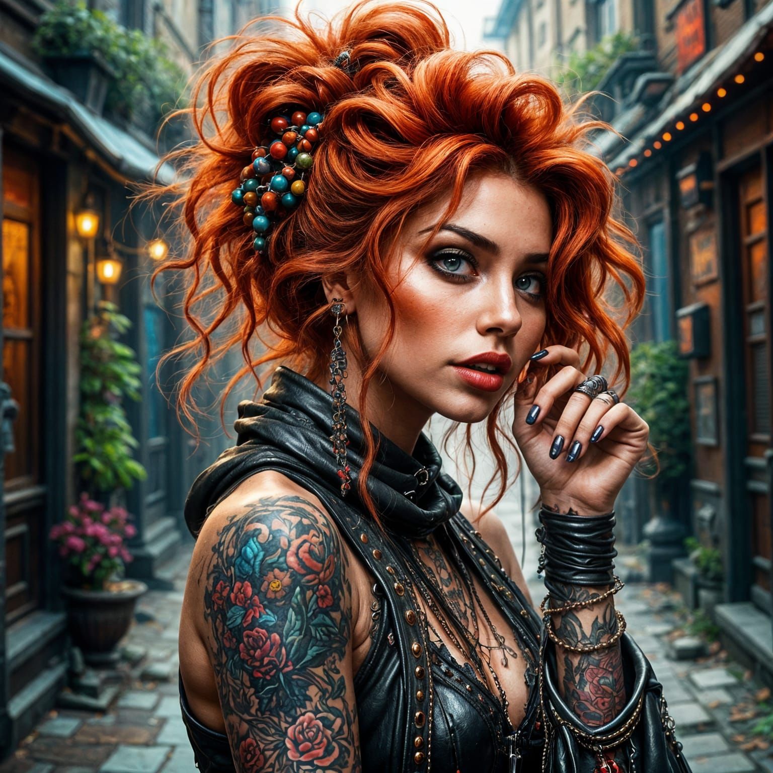 Fiery Gypsy Woman in Dark Alley: Hyperrealistic Art