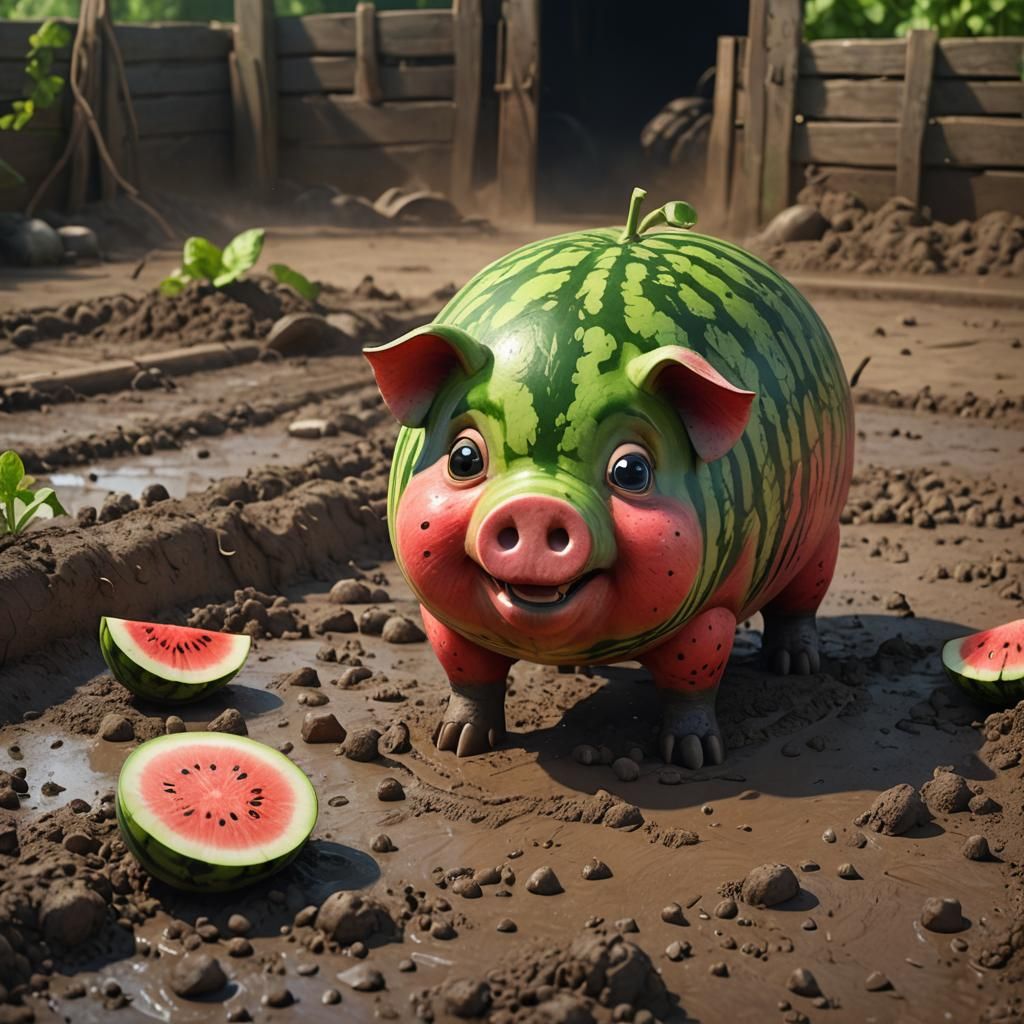 Watermelon Pig Rolling in Mud: 3D Digital Art