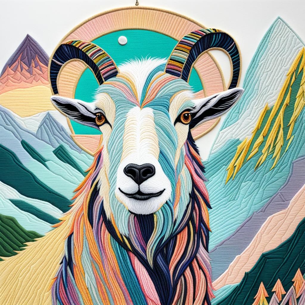 Pastel Mountain Goat with Embroidered Accents