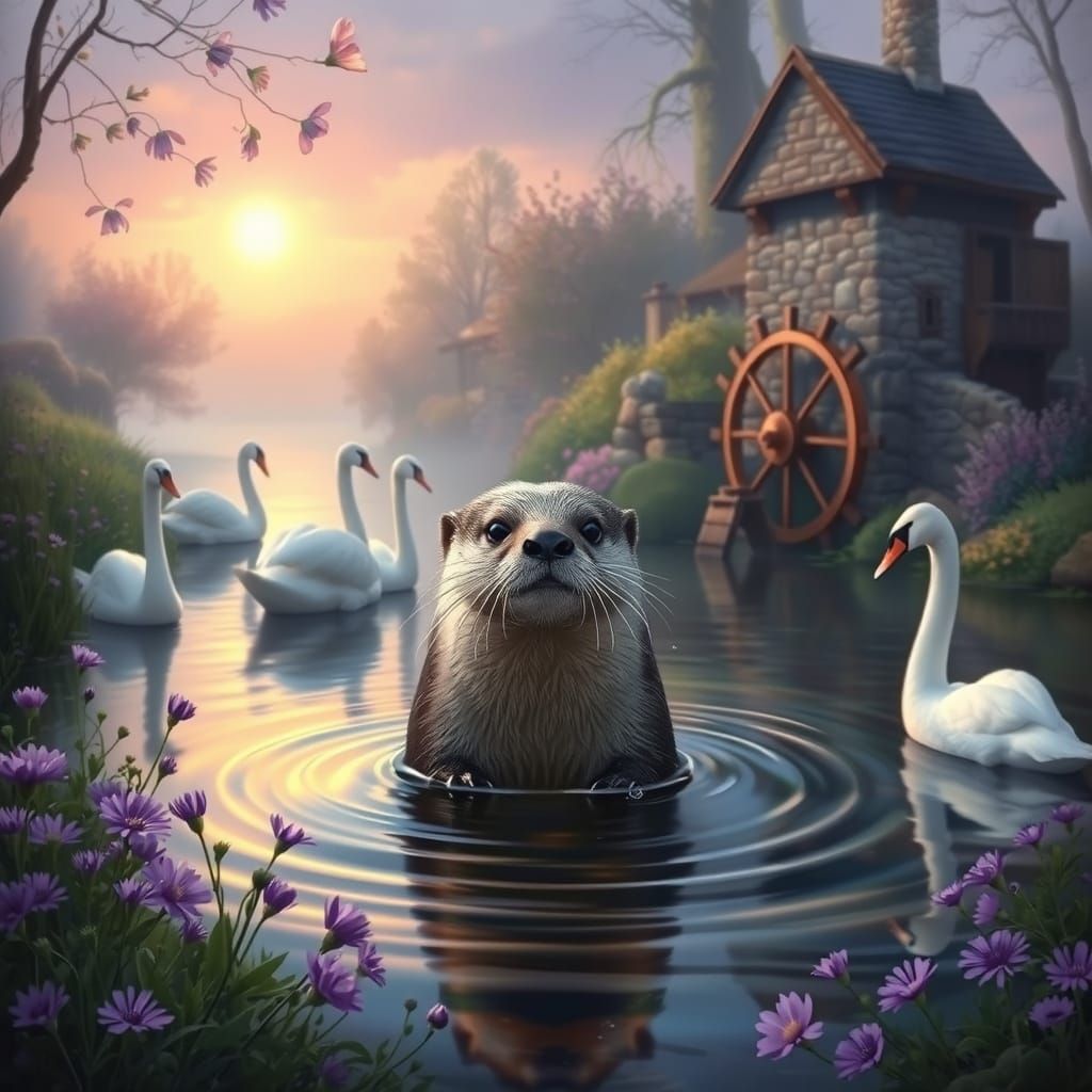 River Otter at Dawn in Kinkade Style