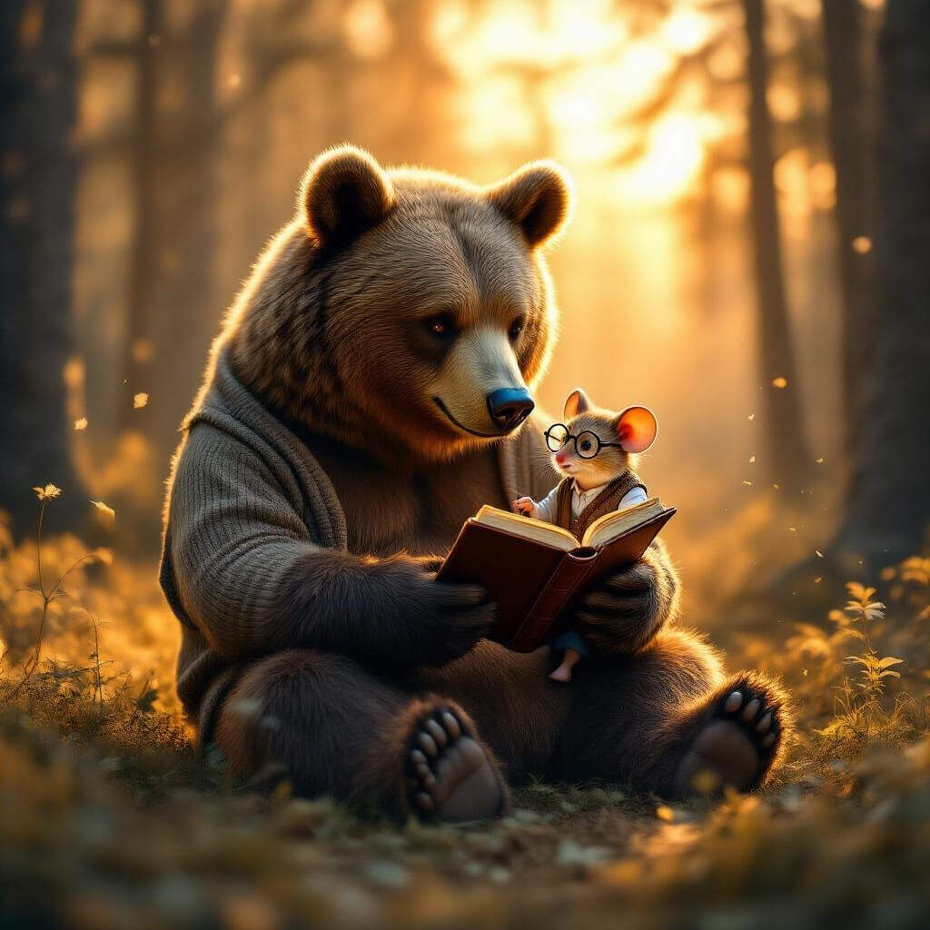 Bear and Mouse Reading in Forest Clearing at Golden Hour