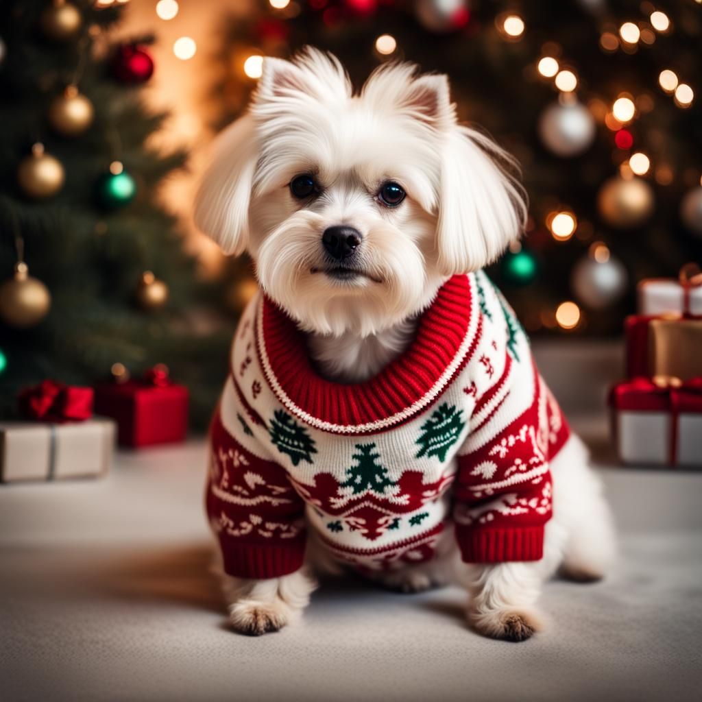 Fluffy White Dog in Christmas Sweater, Hyperrealistic Photo