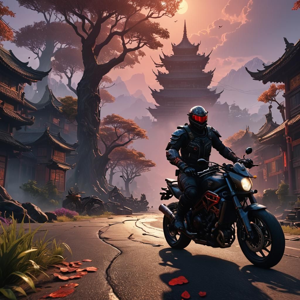 Shadow Warrior on Motorbike: Detailed Matte Painting