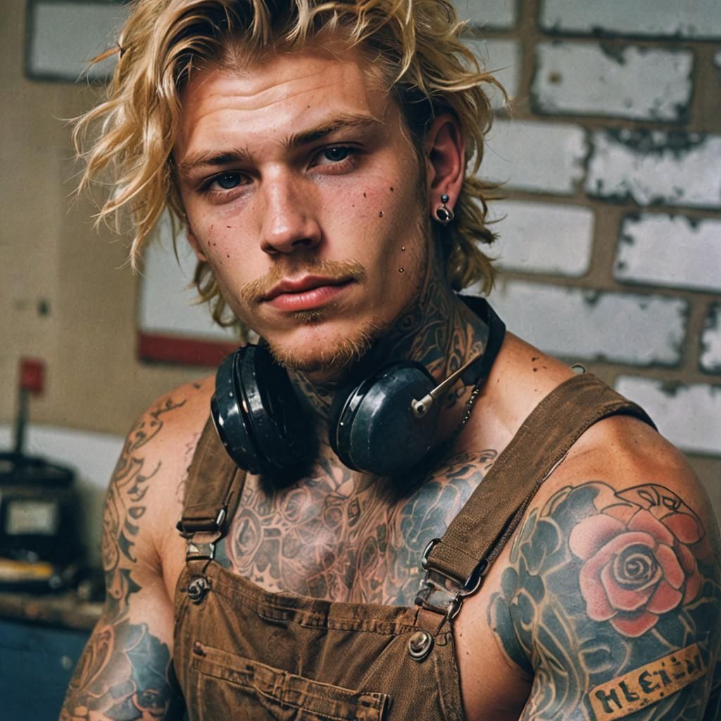 Greasy Blond Mechanic with Piercings and Tattoos
