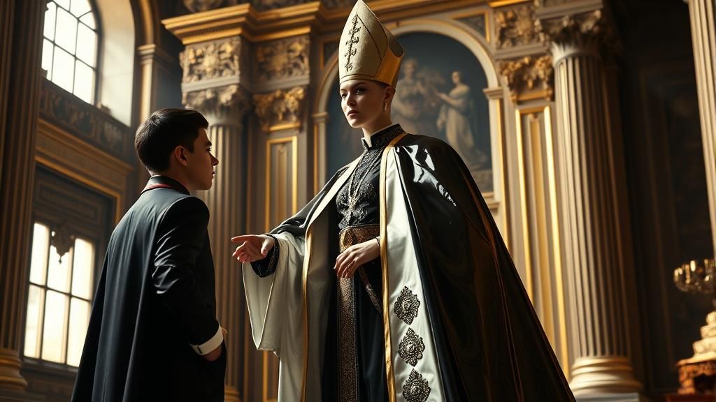 Female Pope Blesses Emperor in Latex Outfit