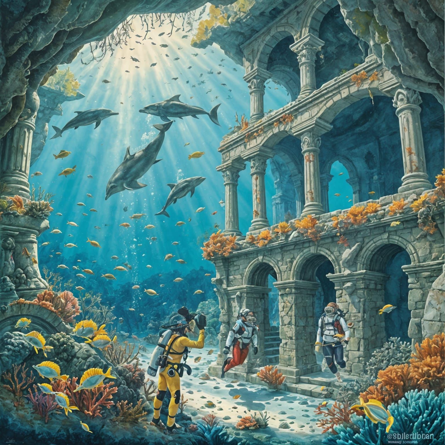 Underwater Ruins Exploration in Watercolor Style