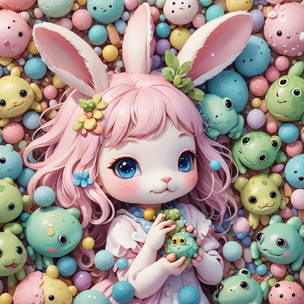 Pastel Kawaii Bunny and Frog in Anime Style