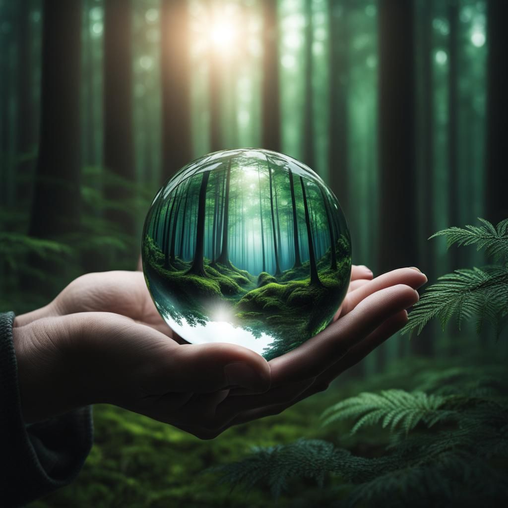 Hand Holding Crystal Ball Reflecting Magical Forest