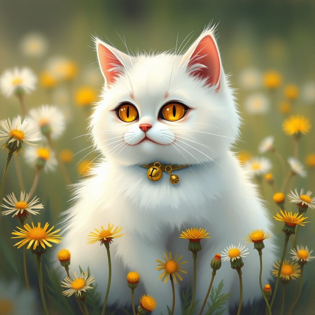 Whimsical Cat in a Dandelion Field