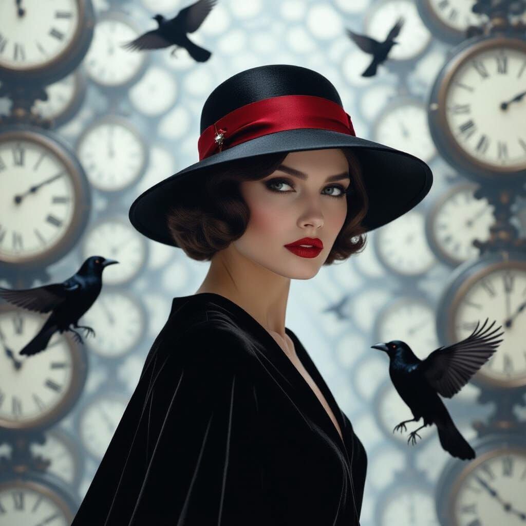 Monochrome Noir: Woman in Clock Labyrinth