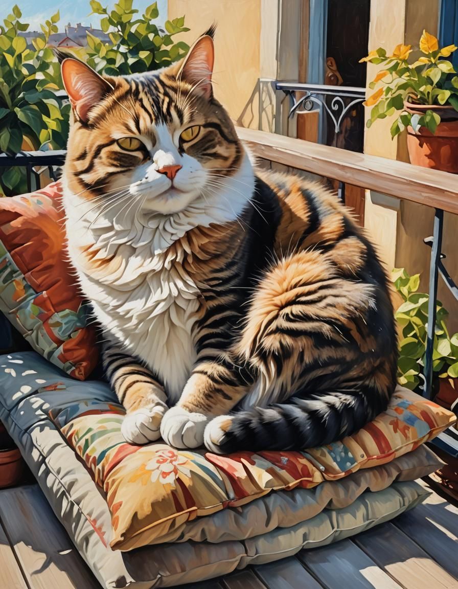 Happy Cat Napping in Sunshine: An Oil Painting