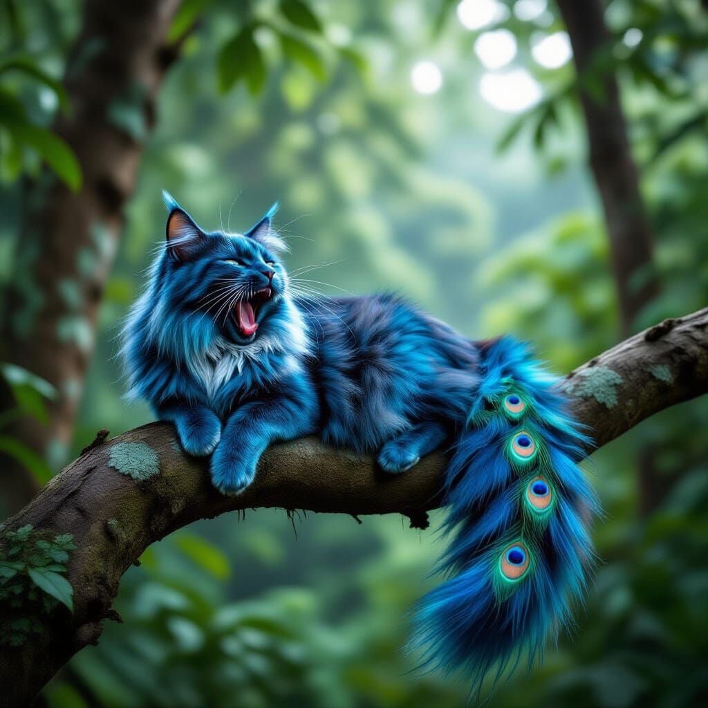 Iridescent Blue Cat with Peacock Tail in Rainforest