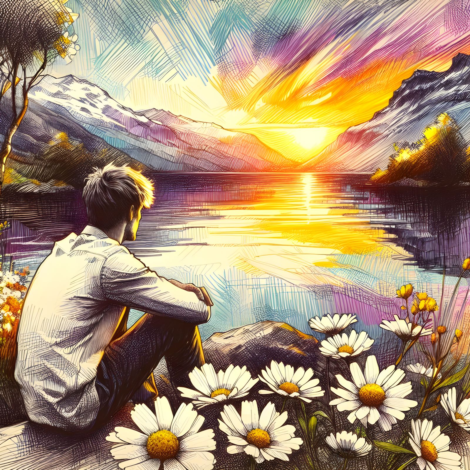 Tranquil Lakeside Scene in Sunset Hues