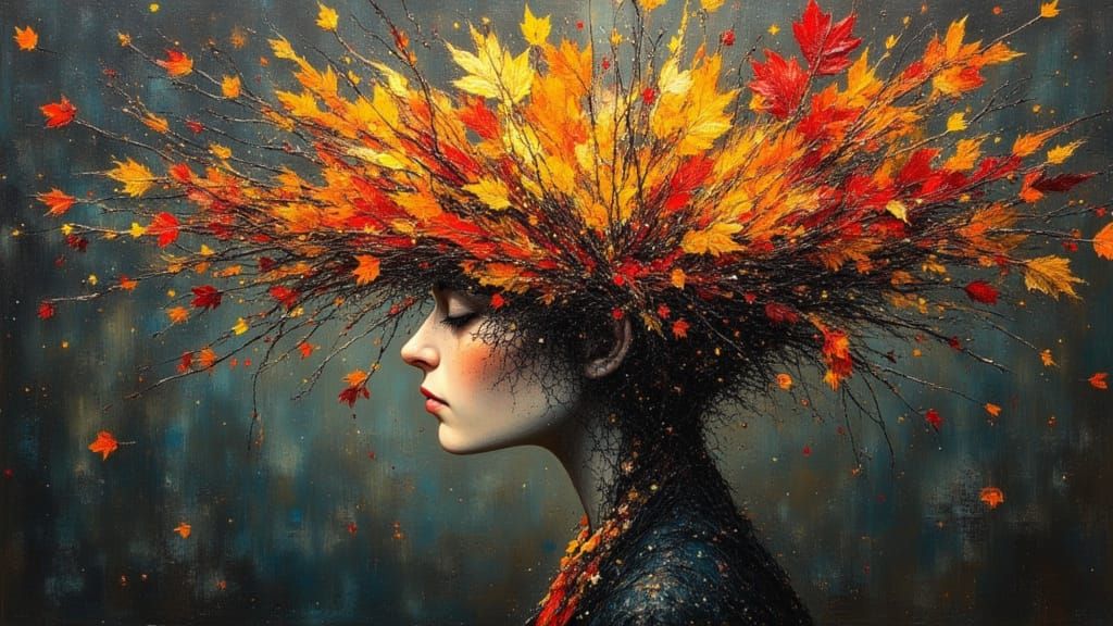 Surreal Autumn Head With Abstract Leaves