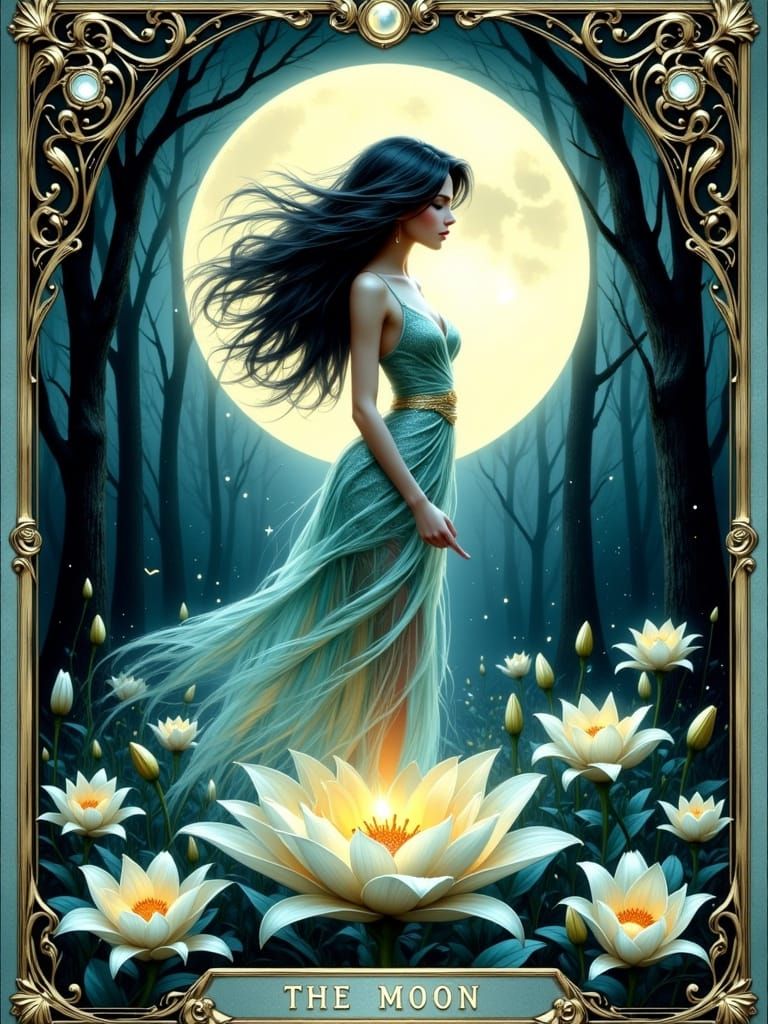 The Moon Tarot Card: Ethereal Woman in Art Nouveau Style