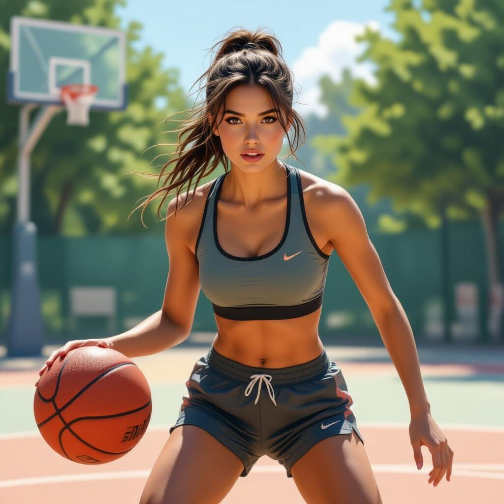 Hyperrealistic Woman Playing Basketball in Sunlight