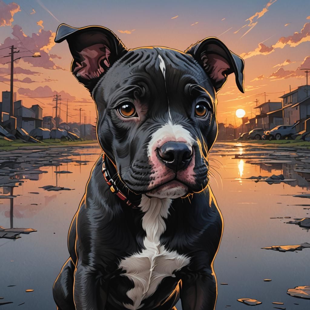 Black Pit Bull Puppy Illustration in Hewlett Style