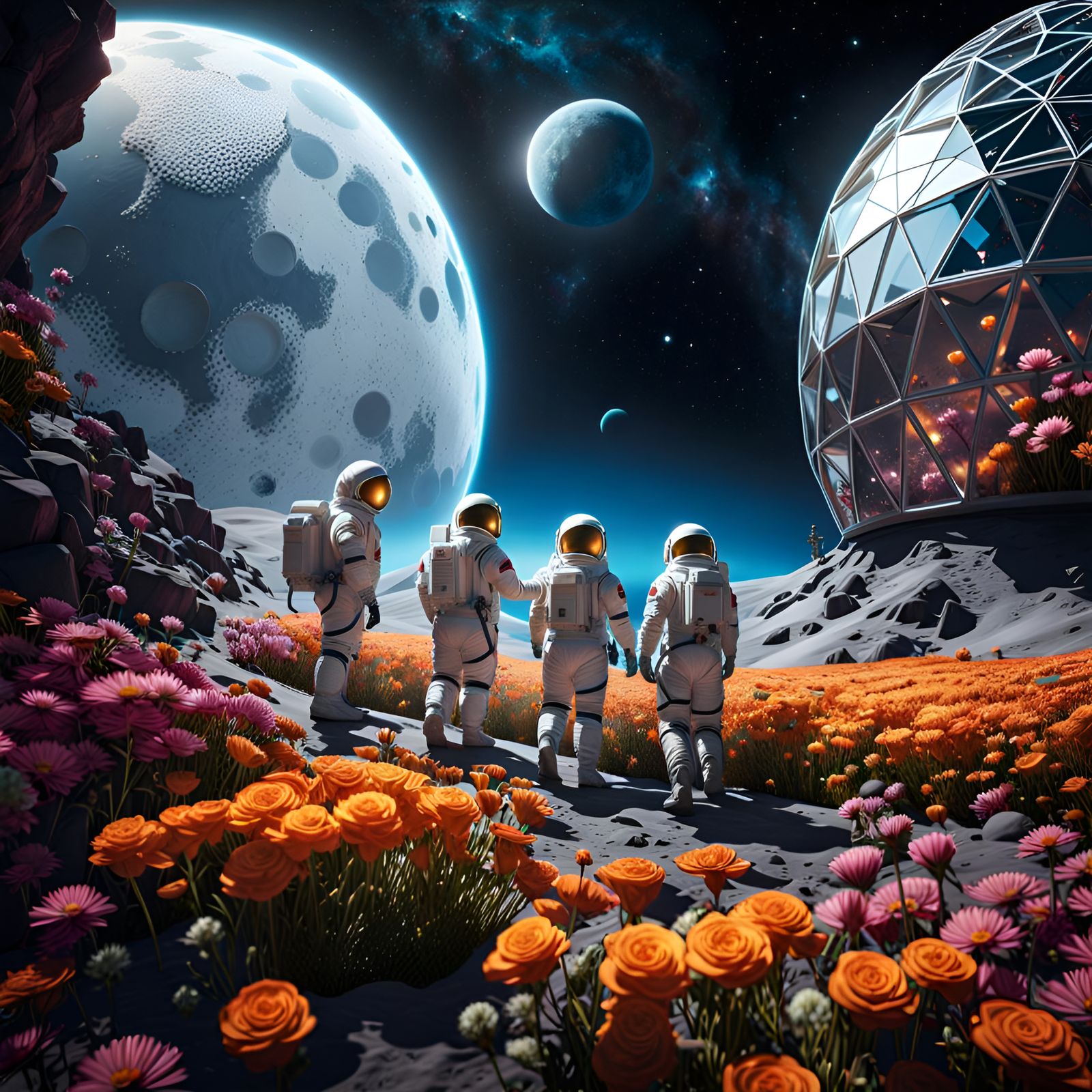 Astronauts Tend Lunar Flowers in Geodesic Dome