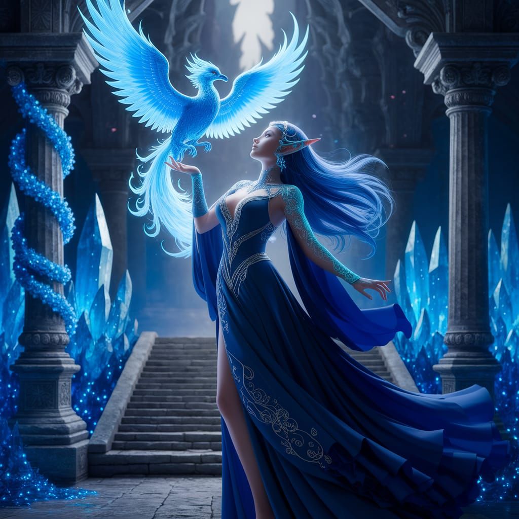 Ethereal Elven Sorceress Conjuring a Phoenix