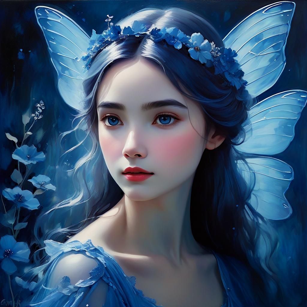 Ethereal Blue Fairy Portrait in Impressionist Style