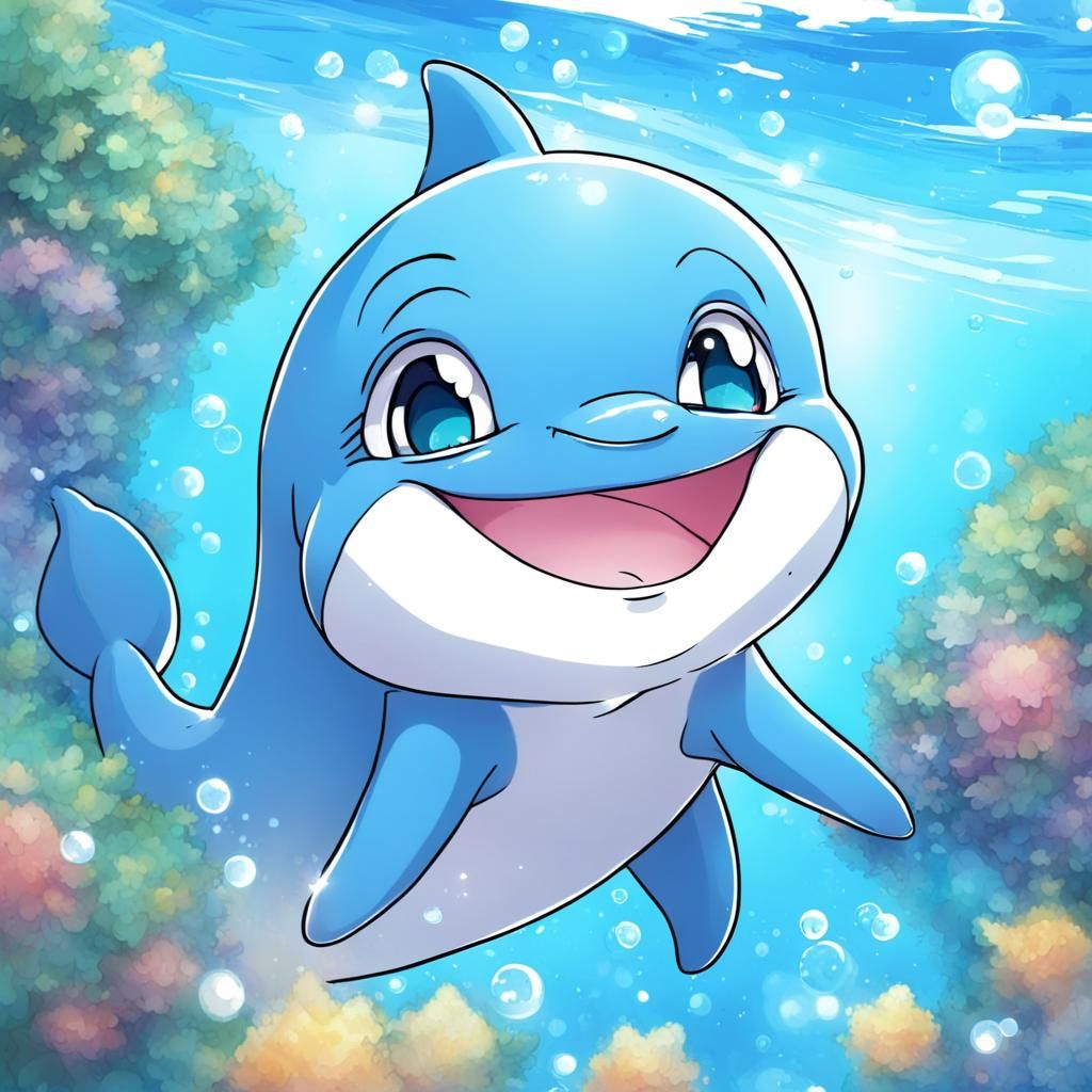 Cute Blue Dolphin Smiling in Anime Style