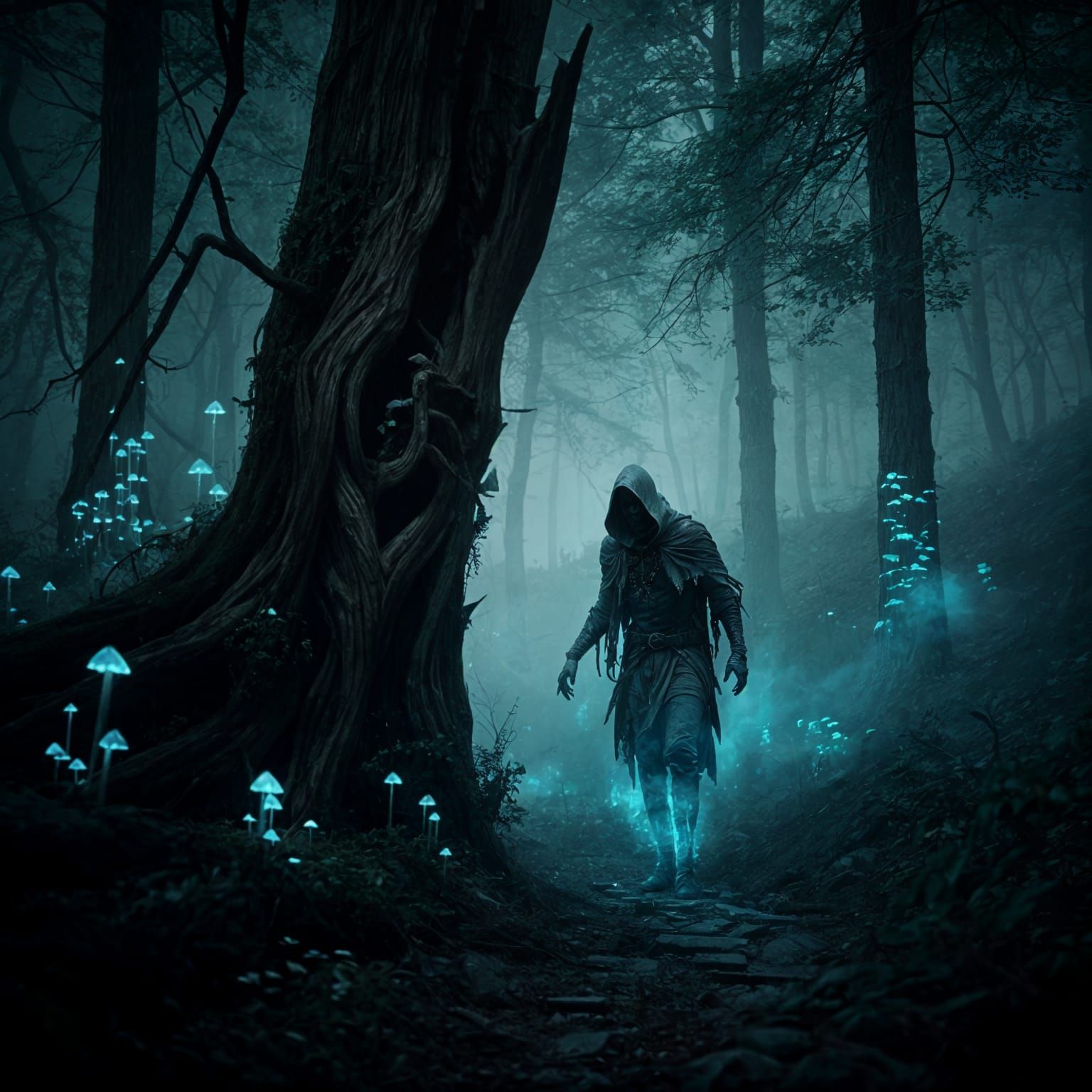 Ethereal Spirits Lurk in Haunting Forest Scene