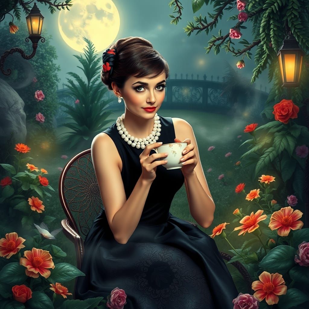 Audrey Hepburn in a Moonlit Garden