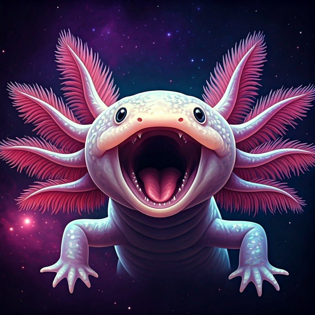Galactic Axolotl's Epic Roar in Dreamy Colors