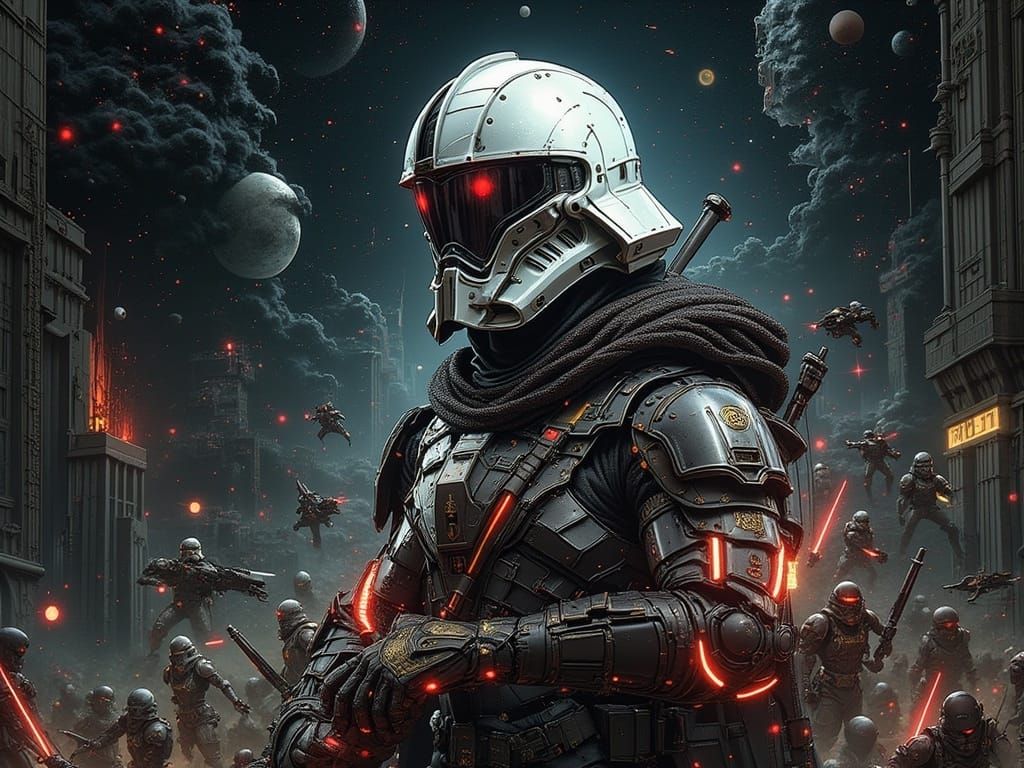 Cyberpunk Warrior Lord in Red Armor Illuminated by Red Eyes