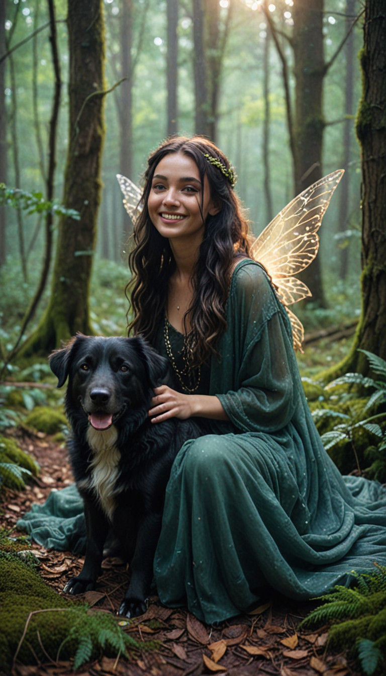 Ethereal Half-Fairy, Half-Wraith Girl in Dawn-Lit Forest