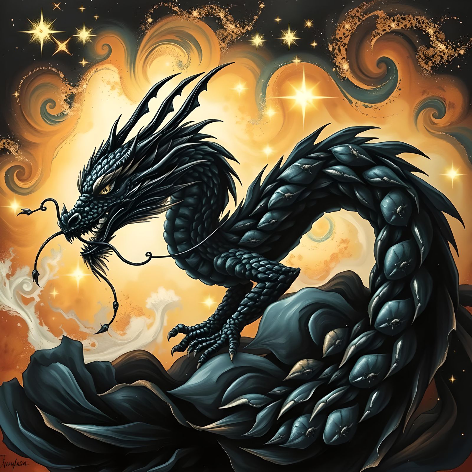 Black Rose Dragon in Cosmic Night Sky