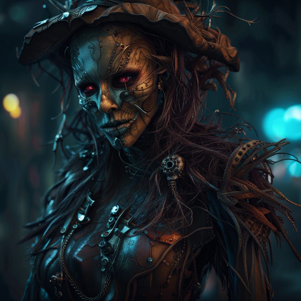 Cyberpunk Beauty Meets Macabre Scarecrow in 3D Art