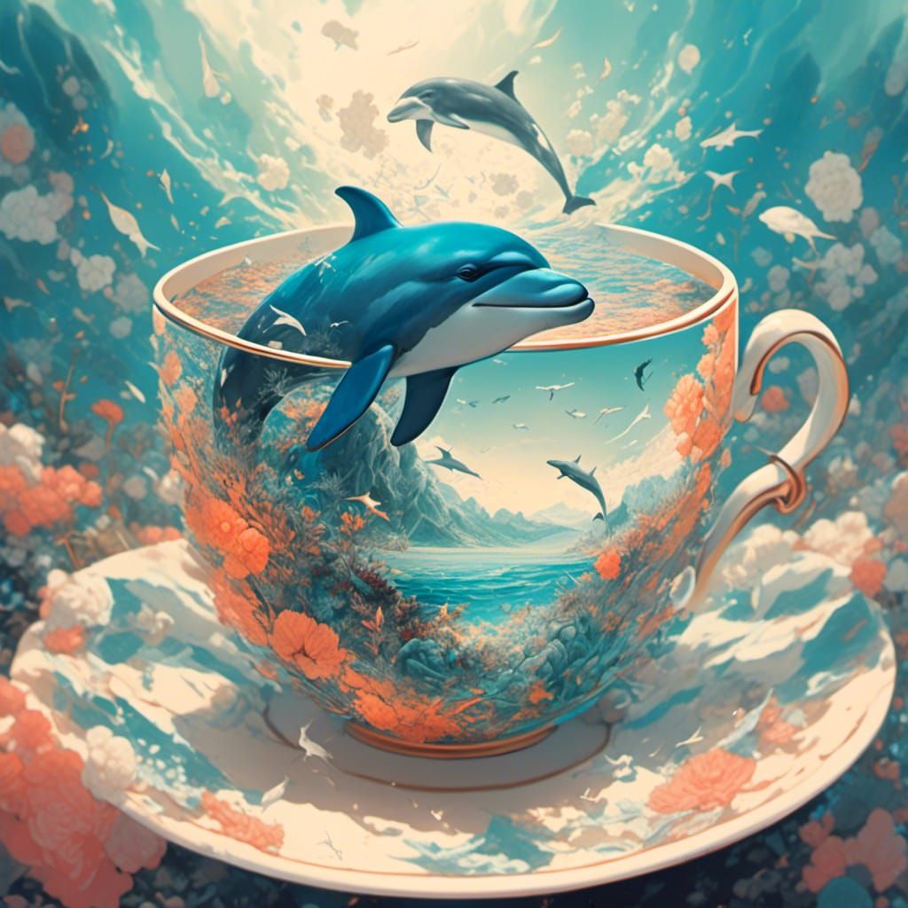 Elegant Teacup with Dolphin Double Exposure