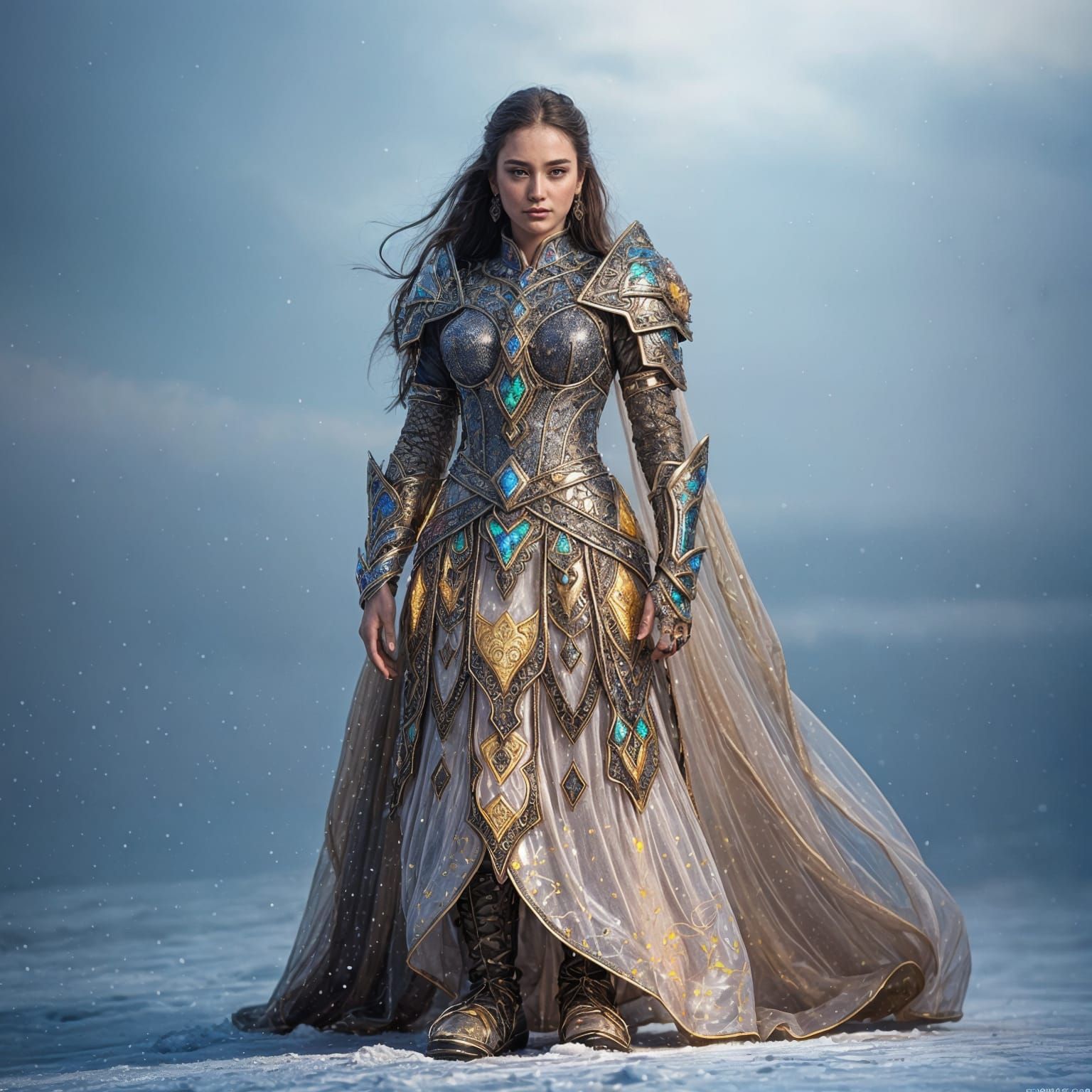 Woman in Intricate Opal Armor Dress in Snow