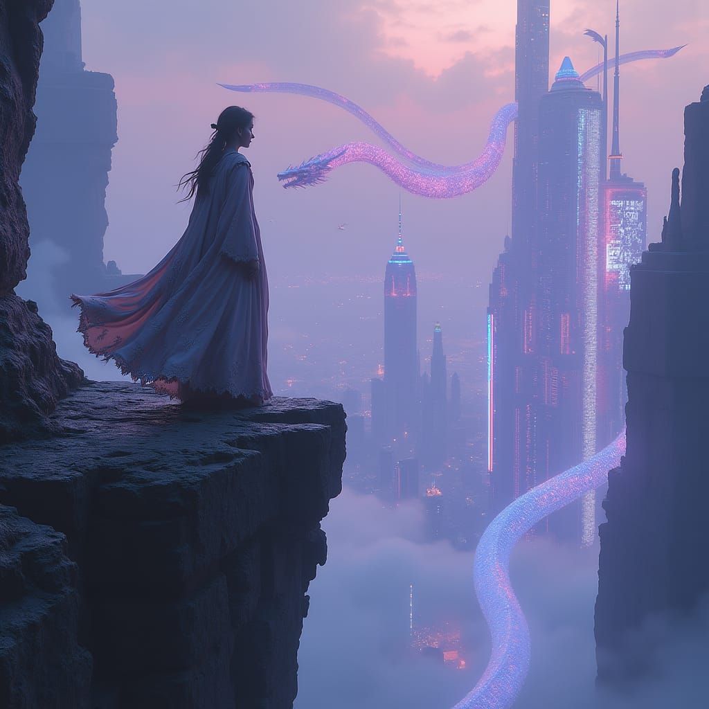 Ethereal Cityscape with Ancient Ruins and Dragons in Cyberpu...