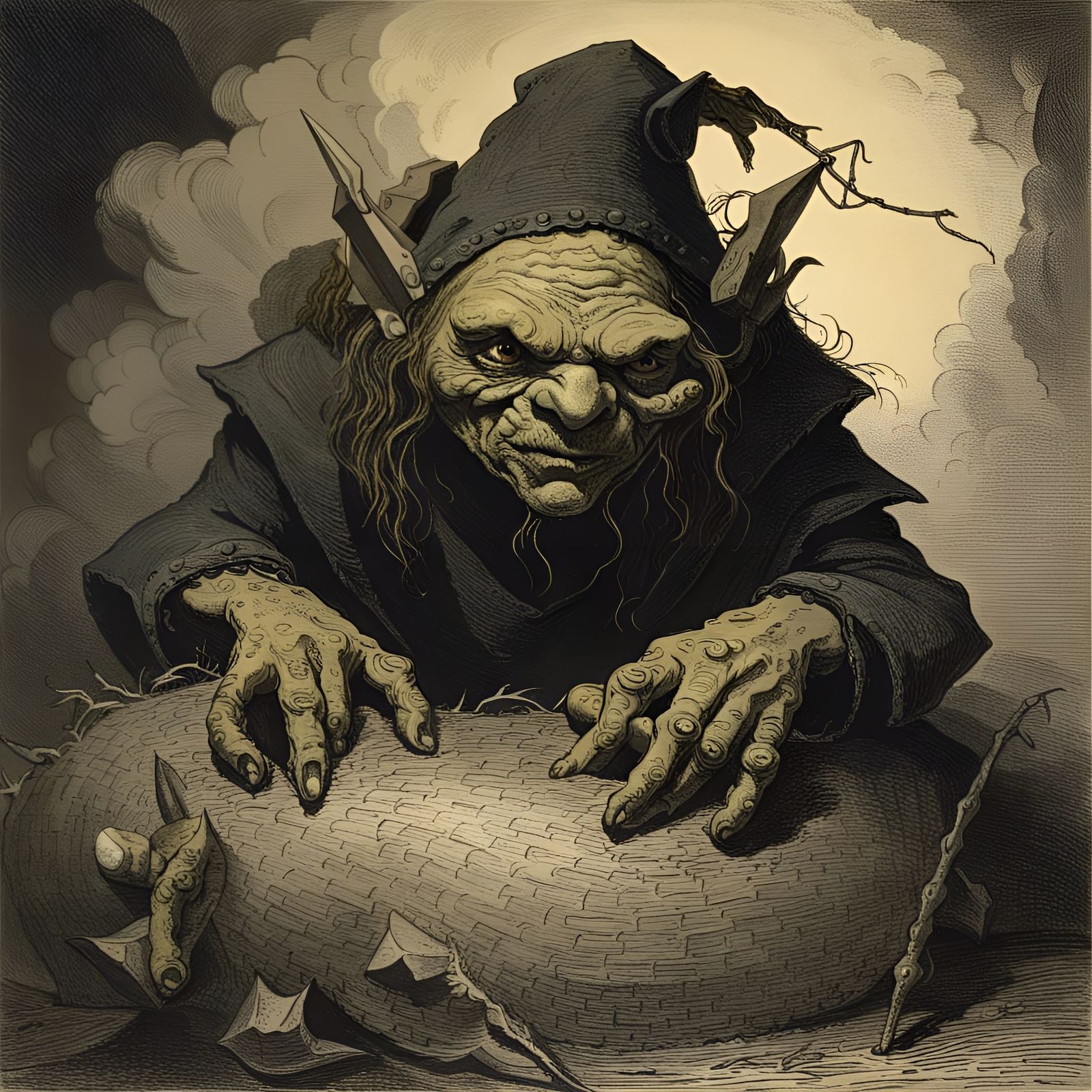 Horrific Eyeless Goblin in Engraving Style