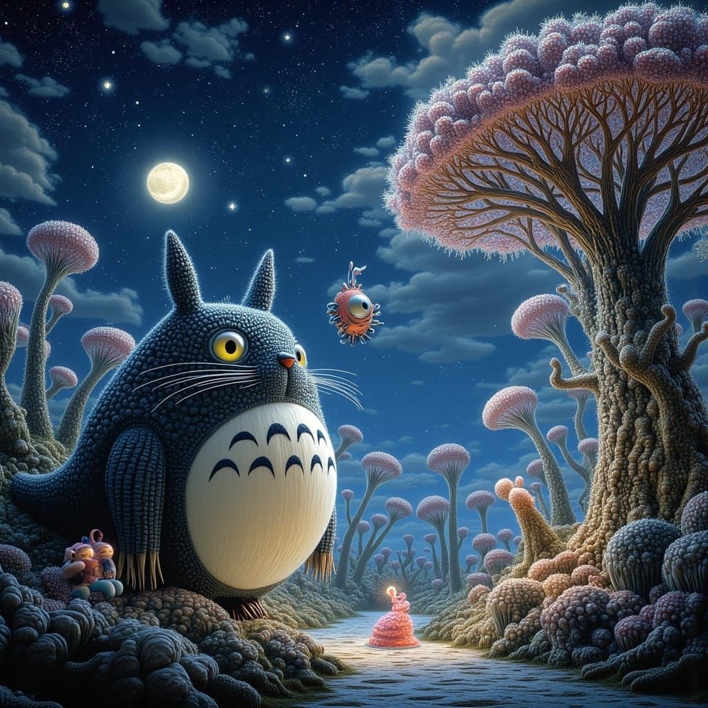 Totoro and Catbus in Magical Forest Under Starry Night