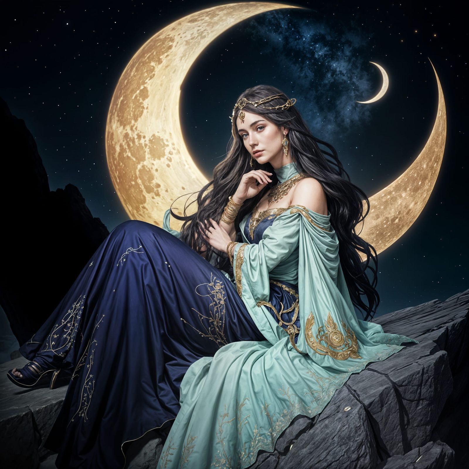 Moon Goddess in Starry Landscape: Fantasy Art