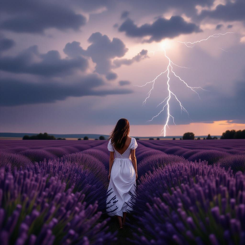 Lavender Field During Storm in Impressionist Style