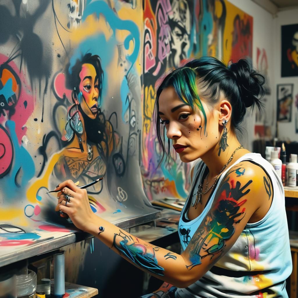 Tattoo Artist Sketching: Graffiti Art in Vibrant Studio