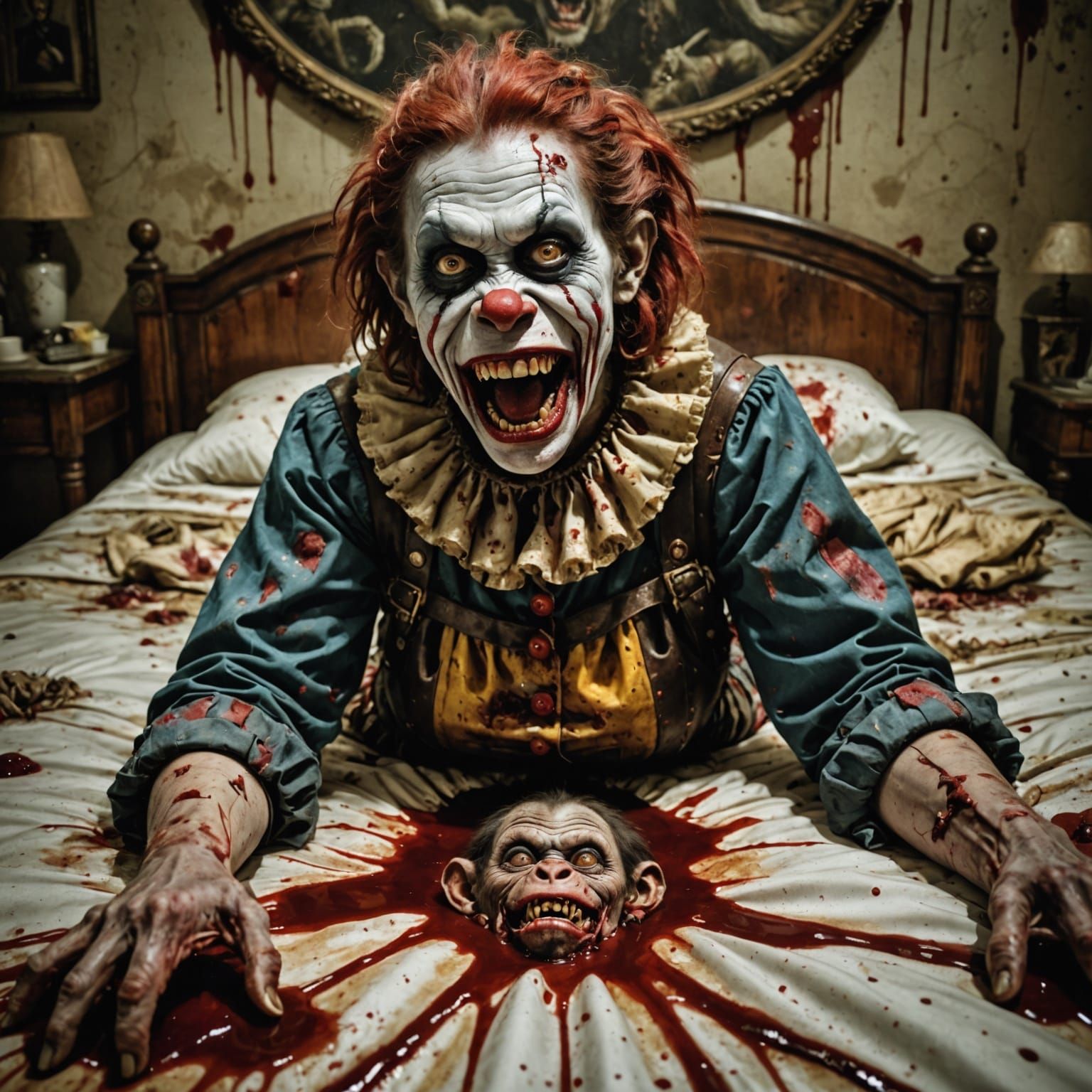 Hyperrealistic Zombie Monkey Clown Woman on Mattress