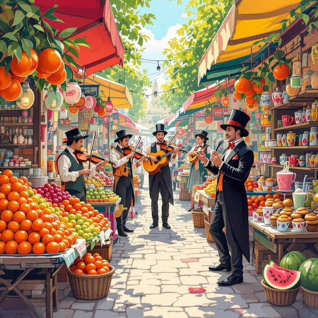 Vibrant Marketplace Scene with Music and Magic