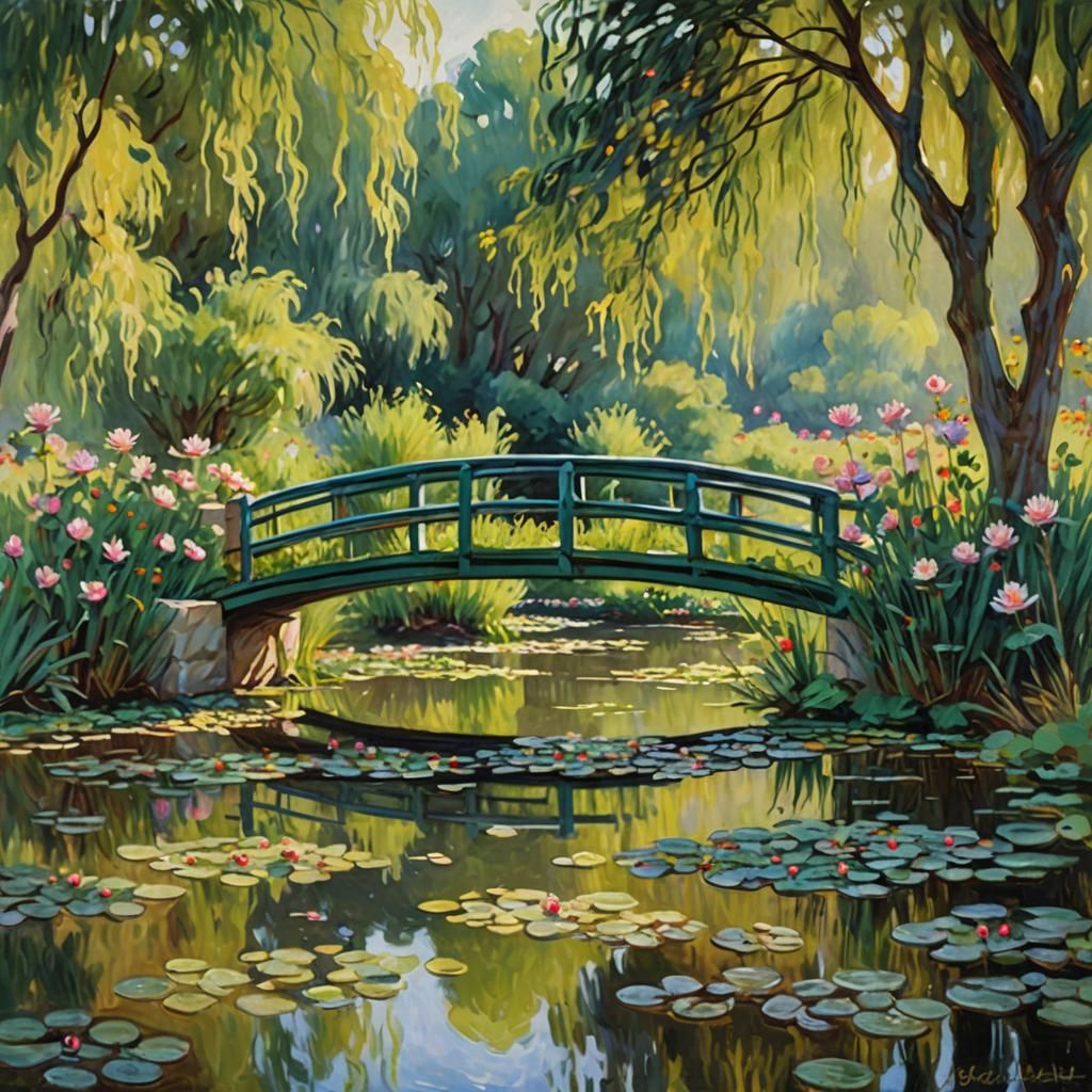 Impressionist Riverbank with Water Lilies and Bridge