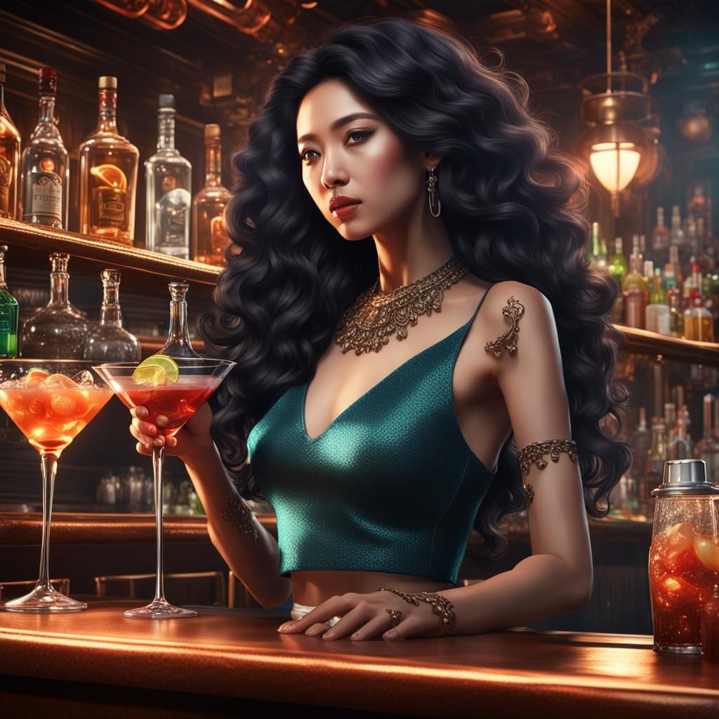 Asian Woman Bartender Pouring Martini: Matte Painting