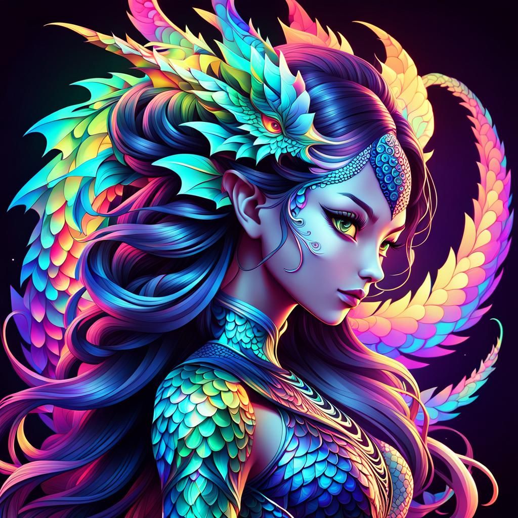 Dragon Girl with Fractal Patterns in Vector Style
